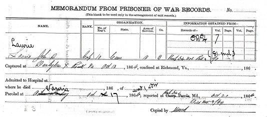 Civil War Service Record - John D Laurie - Prisoner of War